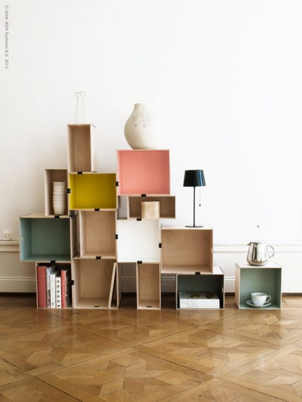 Using their plywood prant boxes, IKEA cleverly arranges them into a modern cubist storage unit.