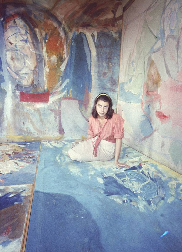 Jewish American abstract expressionist painter and artist Helen Frankenthaler Photographed sitting amidst her art in her New York City studio. 