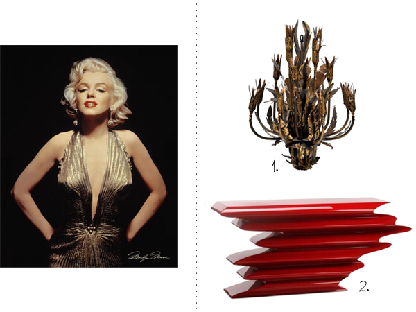 A 1960's Brutalist brass floral chandelier and a red Psychose console by Italian designer Herve Van De Straeten. 