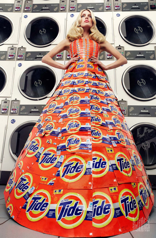A model with a recycled Tide Bleach dress, photographed by Ryan Yoon and styled by Hissa Igarashi.