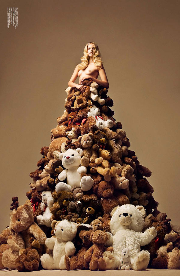 A model covered with stuffed animals, photographed by Ryan Yoon and styled by Hissa Igarashi.