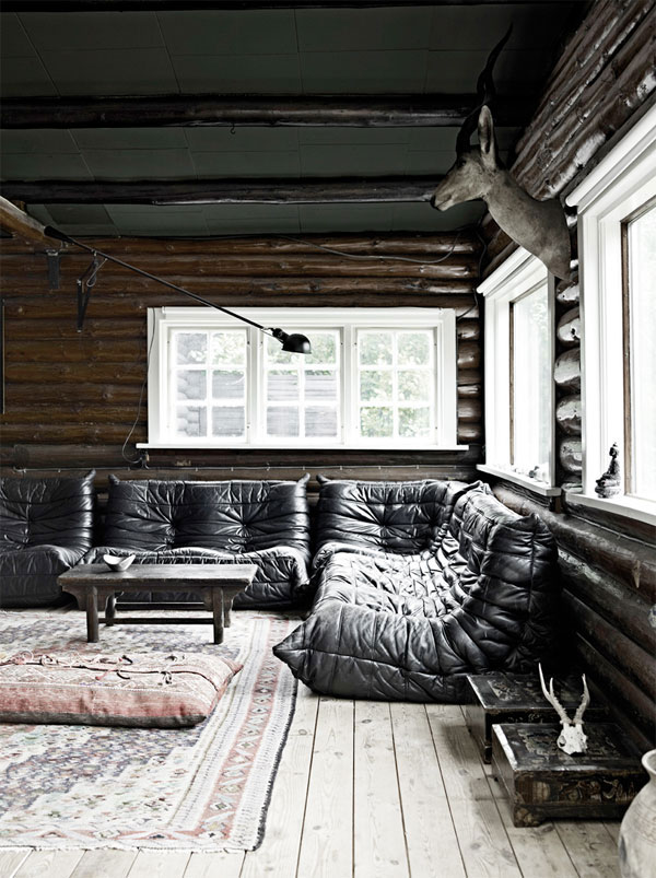 Modern log cabin interior.