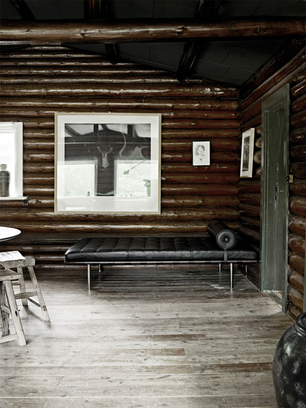 Modern log cabin interior.