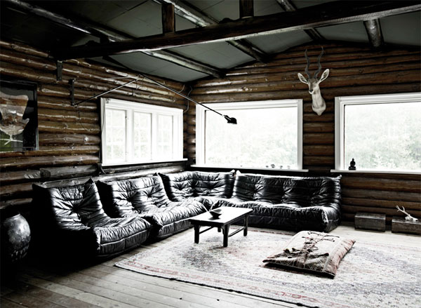 Modern log cabin interior.