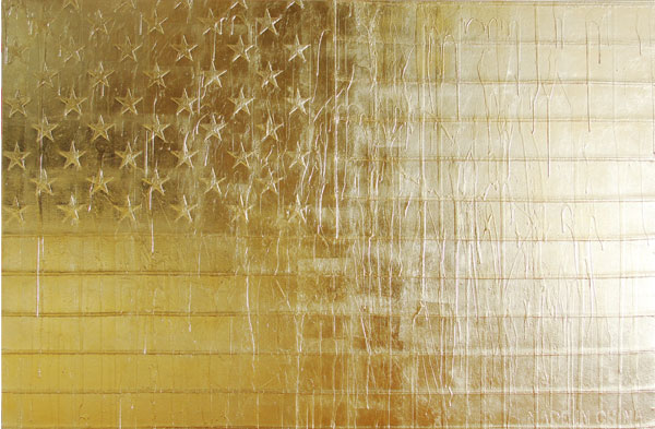 A gold leaf on streched american flag painting by american artist Andrew Shultz.