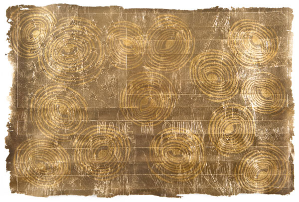 An acrylic and gold leaf painting on embossed paper by american artist Andrew Schoultz.