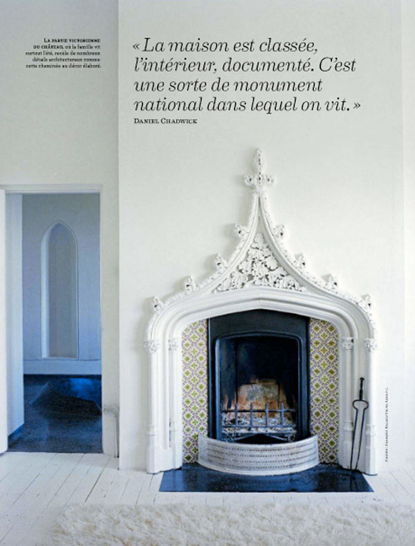 A chic bohemian tudor style fireplace.