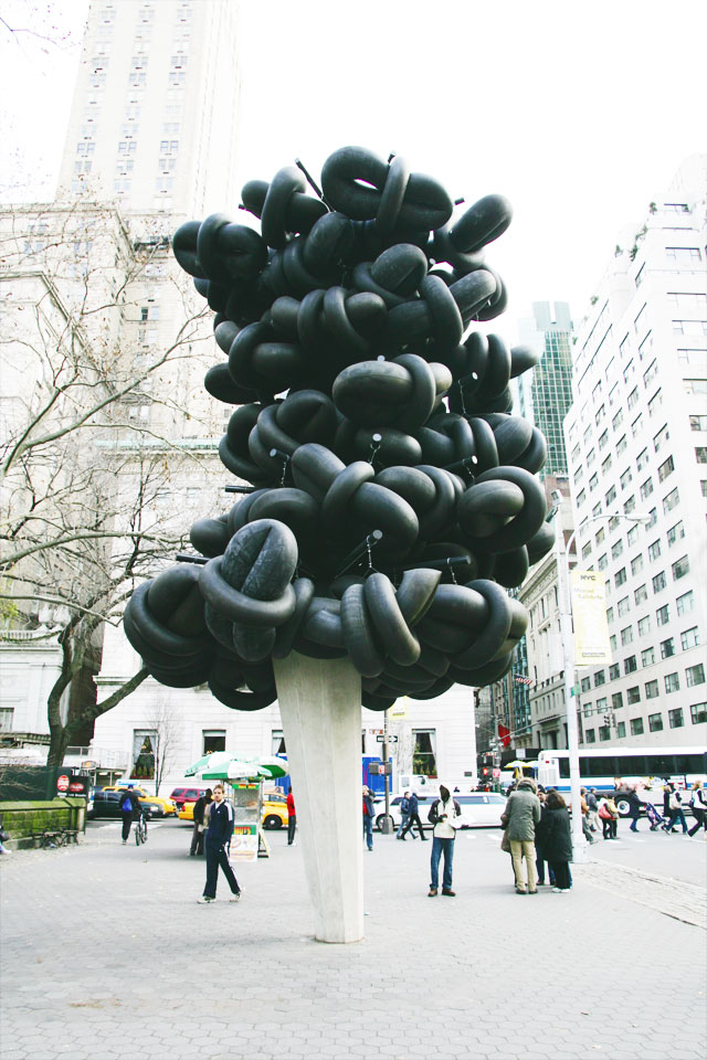 An inflated rubber tire sculpture in cenral park New York City.