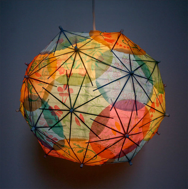 Modern lighting made of recycled chinese coktail umbrellas.