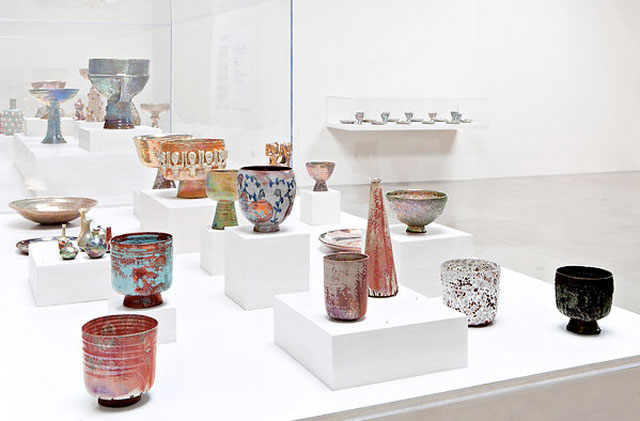 An art exhibit at the Santa Monica Museum of Art featuring the work of American female artist and potter Beatrice Wood.