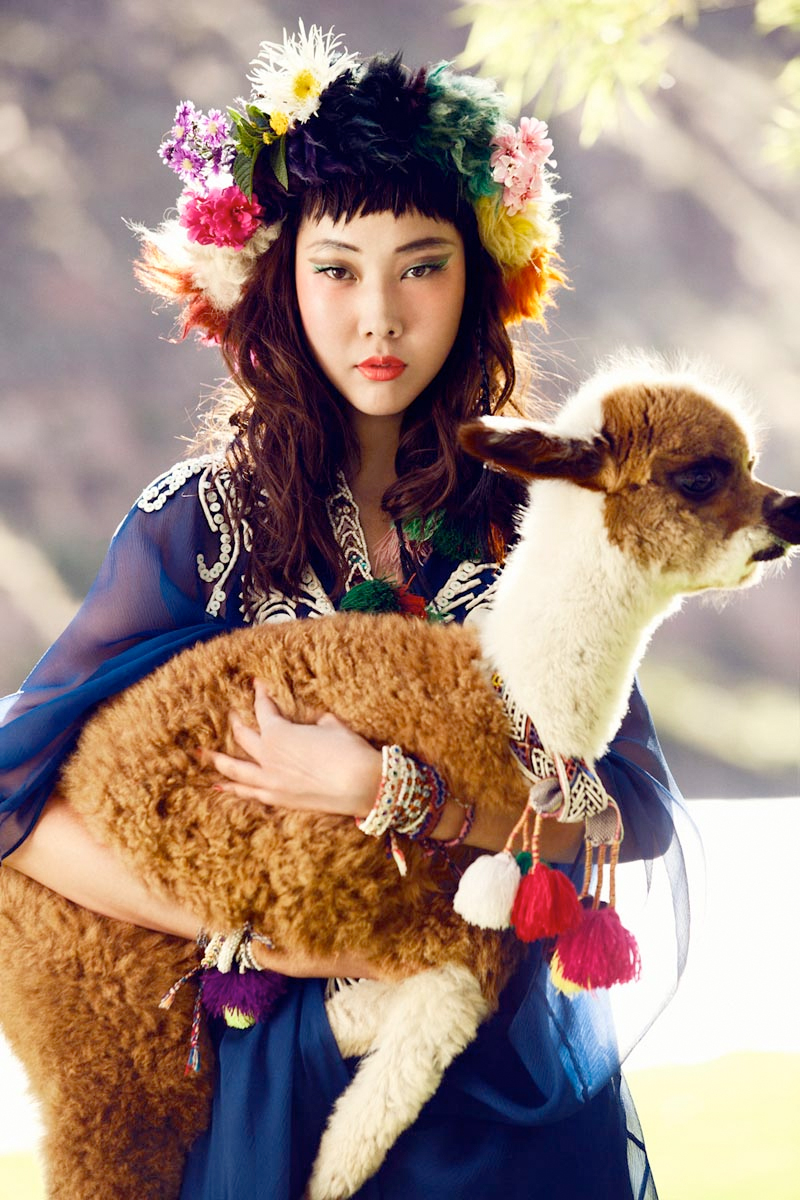 "Colors of Peru" fashion photography featuring Han Hye Jin in the July 2012 summer issue of Vogue Korea