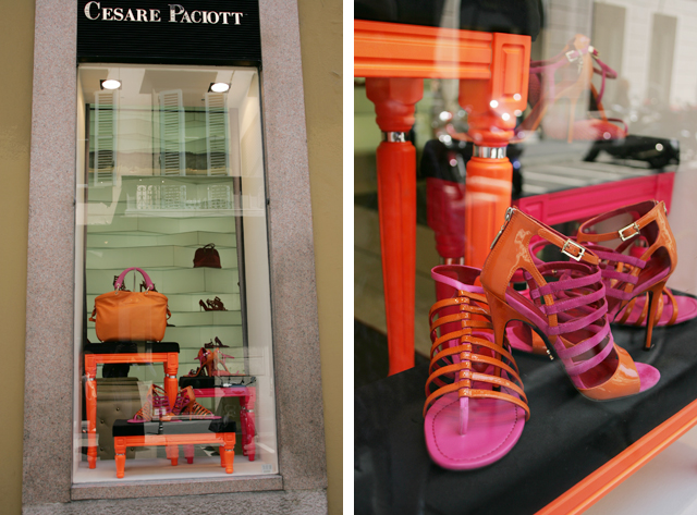 Neon women's shoes at Cesare Paciott in Milano, Italy.