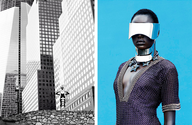 Fashion model Ajak Deng wearing Chanel, Balmain, Prada and Balenciaga with techno chic accessories.