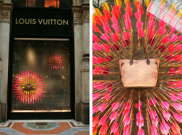 A neon retail window design at the Mouis Vuitton in Milan Italy.