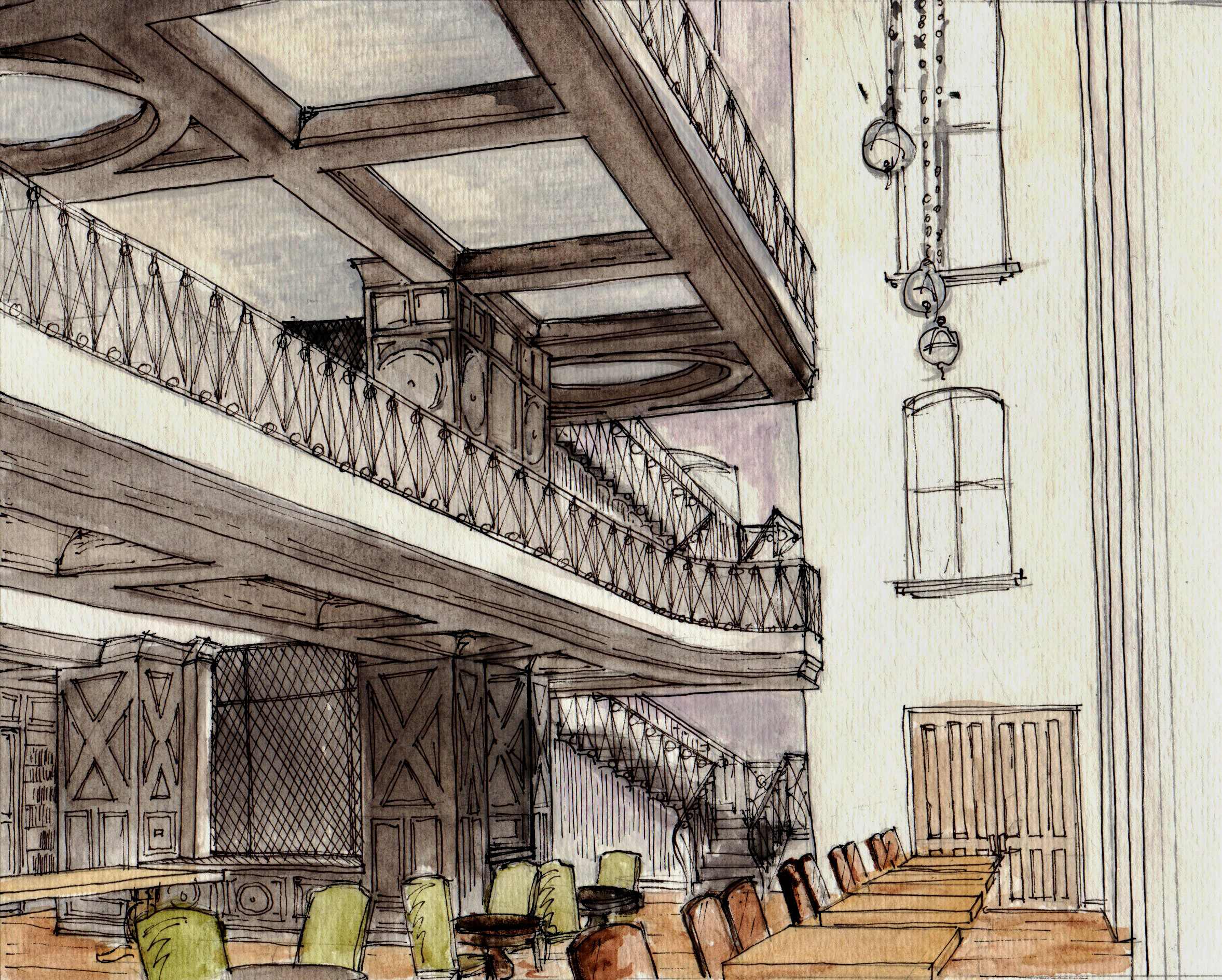 Hand drawn and rendered interior drawing by NYC based designer Michael Harold.