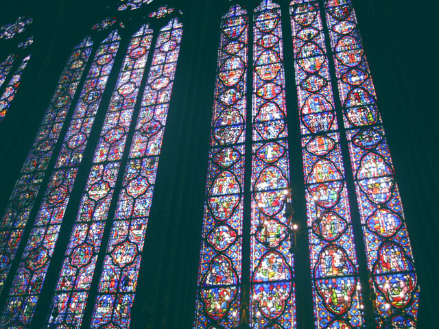 The stained glass windwos at Sainte-Chapelle gothic chapel in Paris, France.